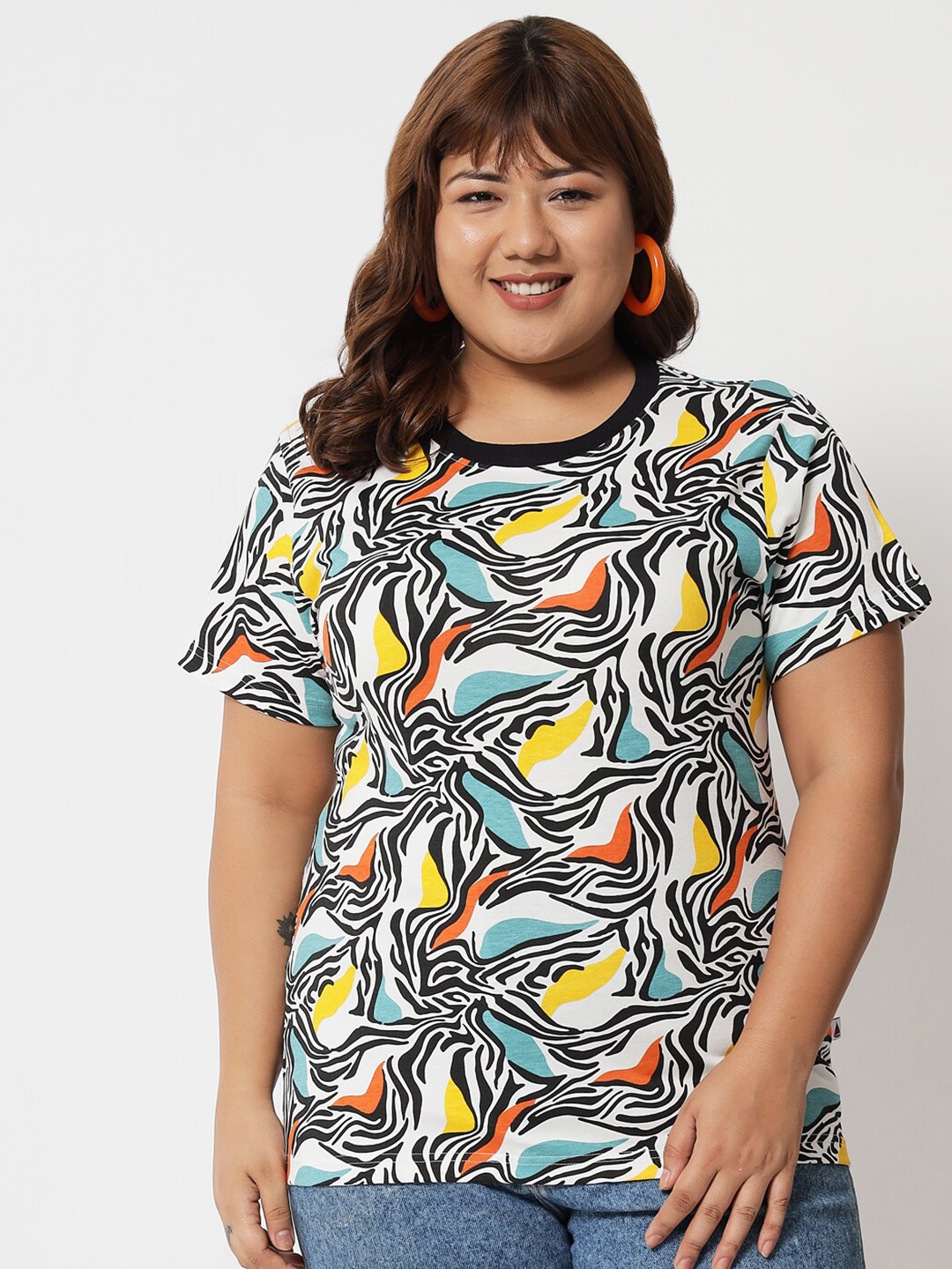 

BEYOUND SIZE - THE DRY STATE Plus Size Abstract Printed Cotton T-shirt, Black