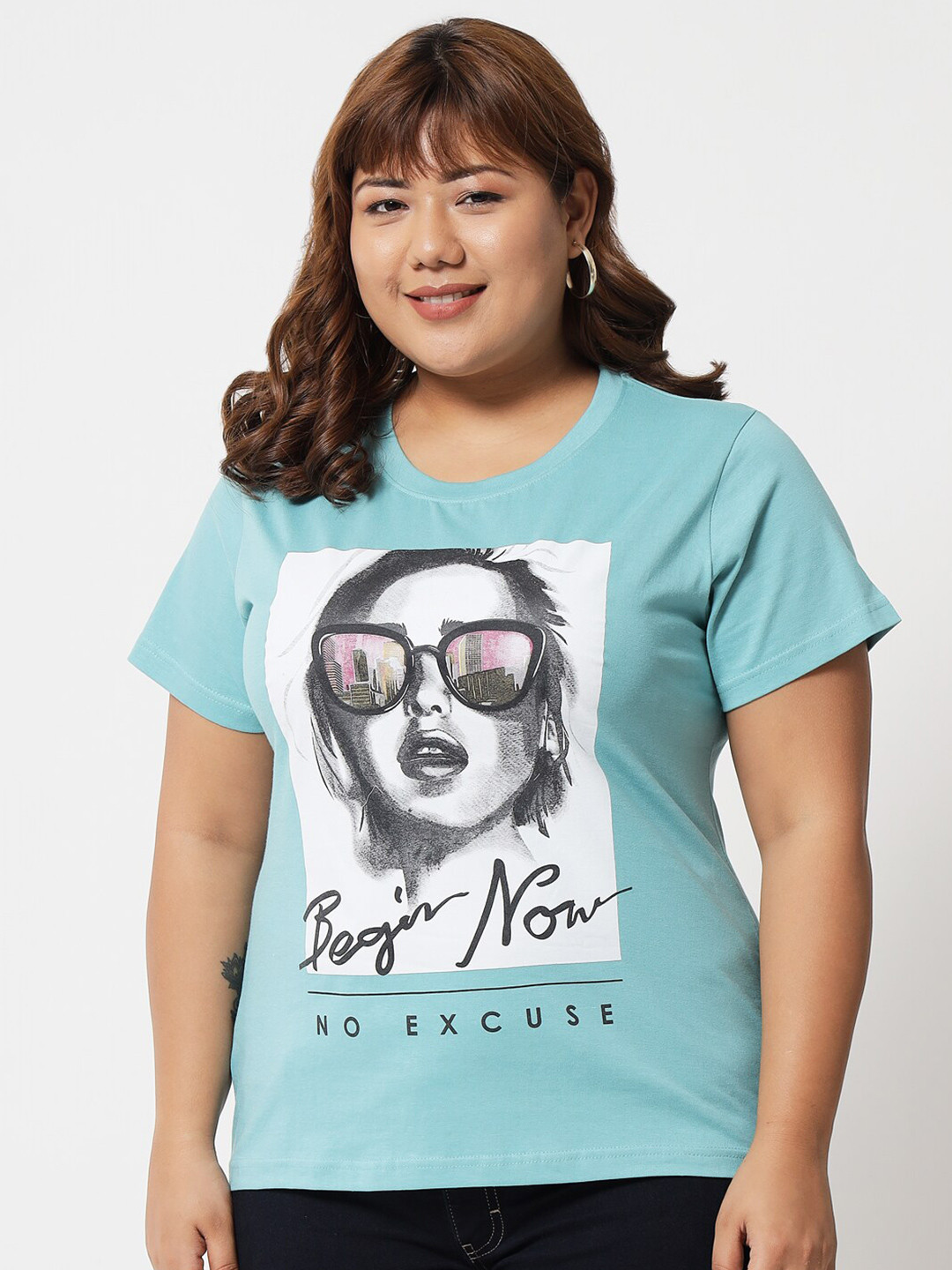 

BEYOUND SIZE - THE DRY STATE Plus Size Graphic Printed Round Neck Short Sleeves T-shirt, Turquoise blue