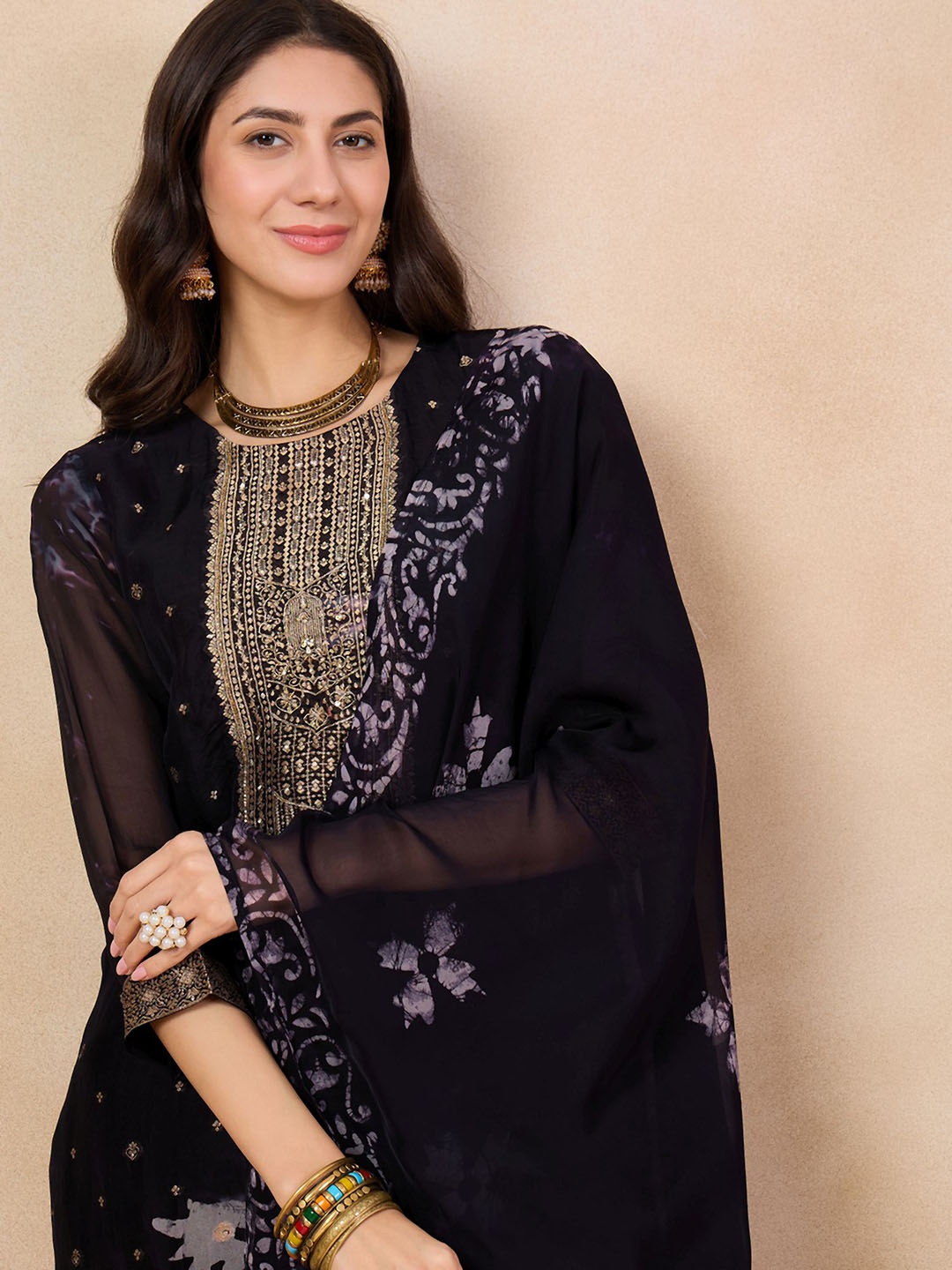 

Anouk Ethnic Motifs Embroidered Aari Work Kurta & Trousers With Dupatta, Black