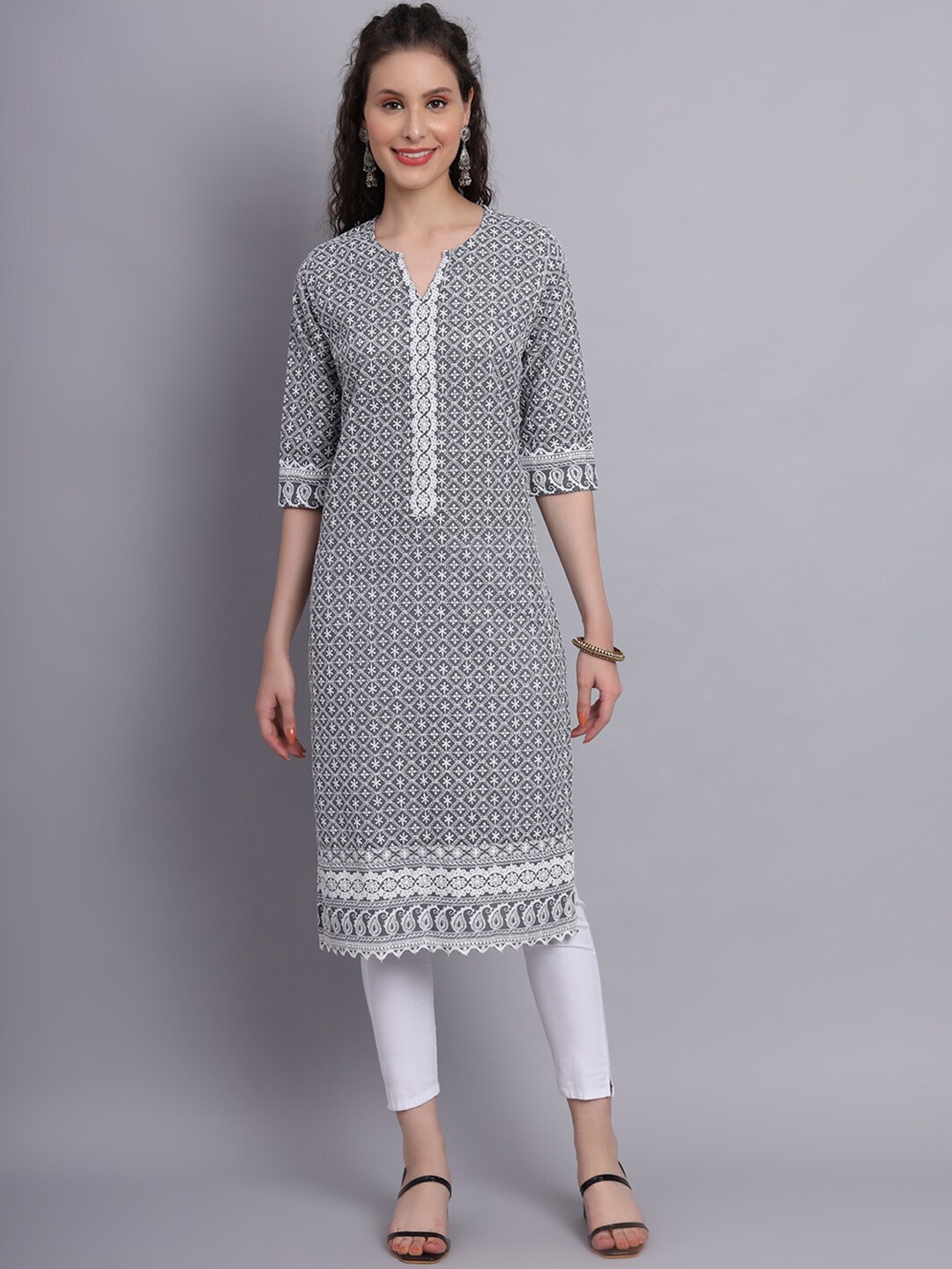 

KALINI Ethnic Motifs Embroidered Chikankari Pure Cotton Straight Kurta, Grey