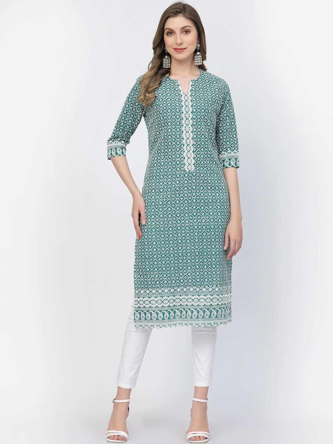 

KALINI Ethnic Motifs Embroidered Chikankari Pure Cotton Straight Kurta, Green