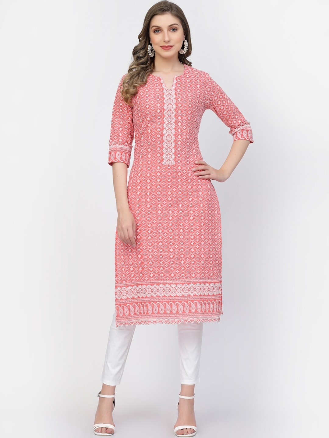 

KALINI Ethnic Motifs Embroidered Chikankari Pure Cotton Straight Kurta, Red