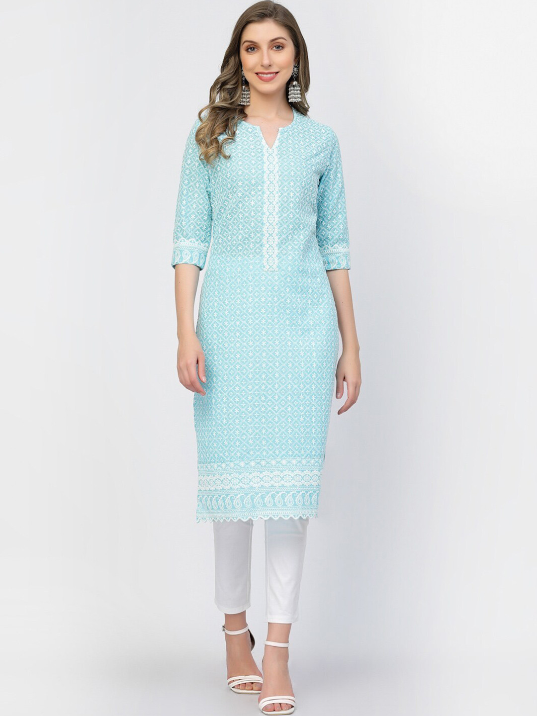 

KALINI Ethnic Motifs Embroidered Chikankari Pure Cotton Straight Kurta, Blue