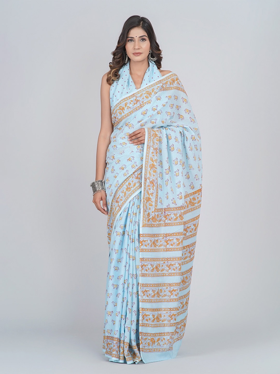 

Shivanya Handicrafts Pure Cotton Ethnic\ Motif Block Print Saree, Blue
