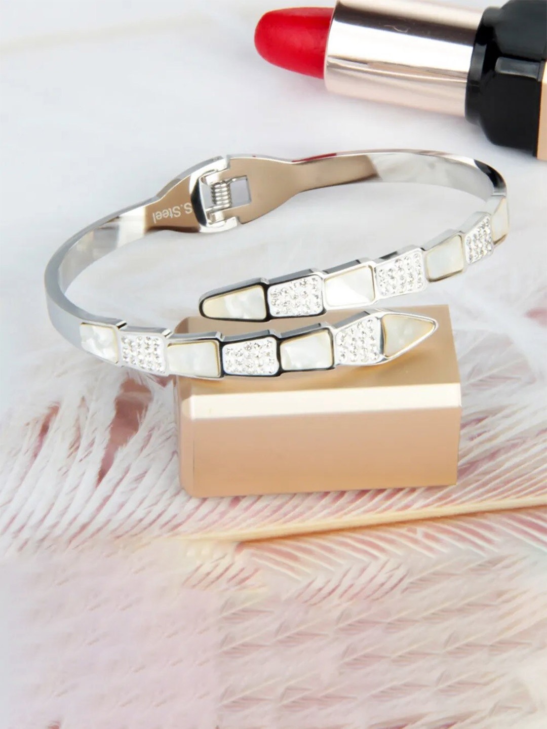 

MEENAZ Silver-Plated Stainless Steel American Diamond Studded Cuff Bracelet