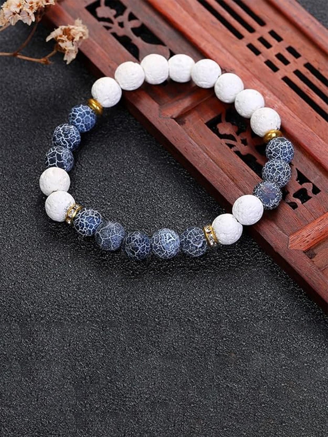 

MEENAZ Men Stainless Steel Beaded Elasticated Bracelet, Gold