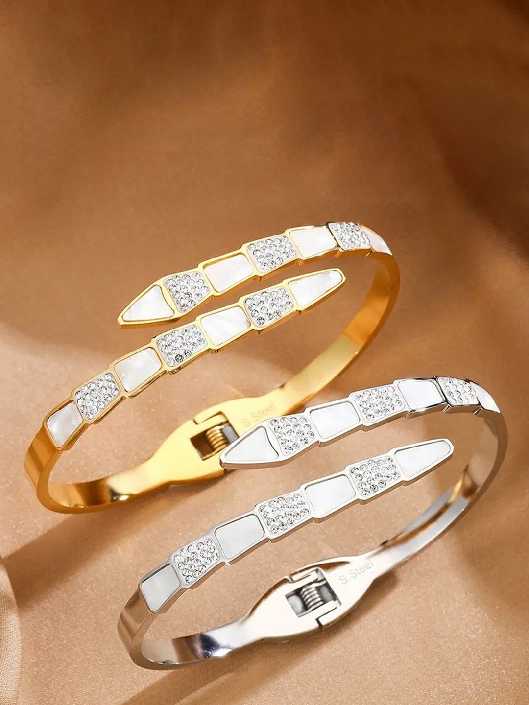 

MEENAZ Set Of 2 American Diamond Gold-Plated Cuff Bracelets