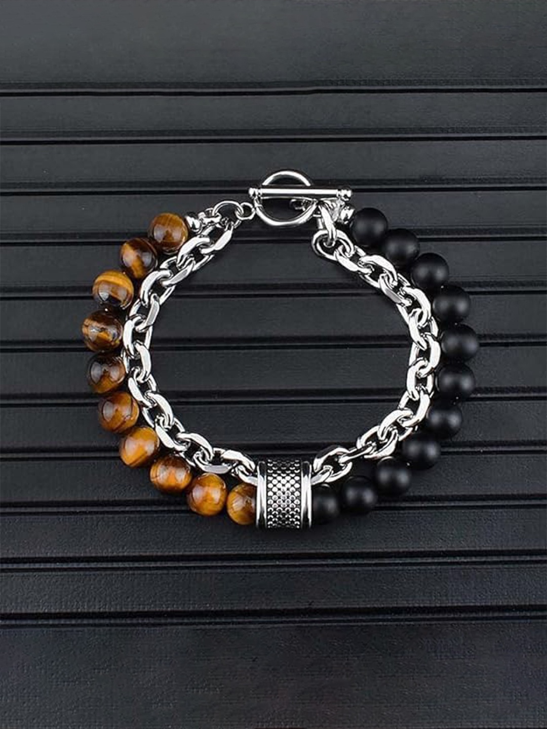 

MEENAZ Men Silver-Plated Stainless Steel Beaded Oxidised Multistrand Bracelet