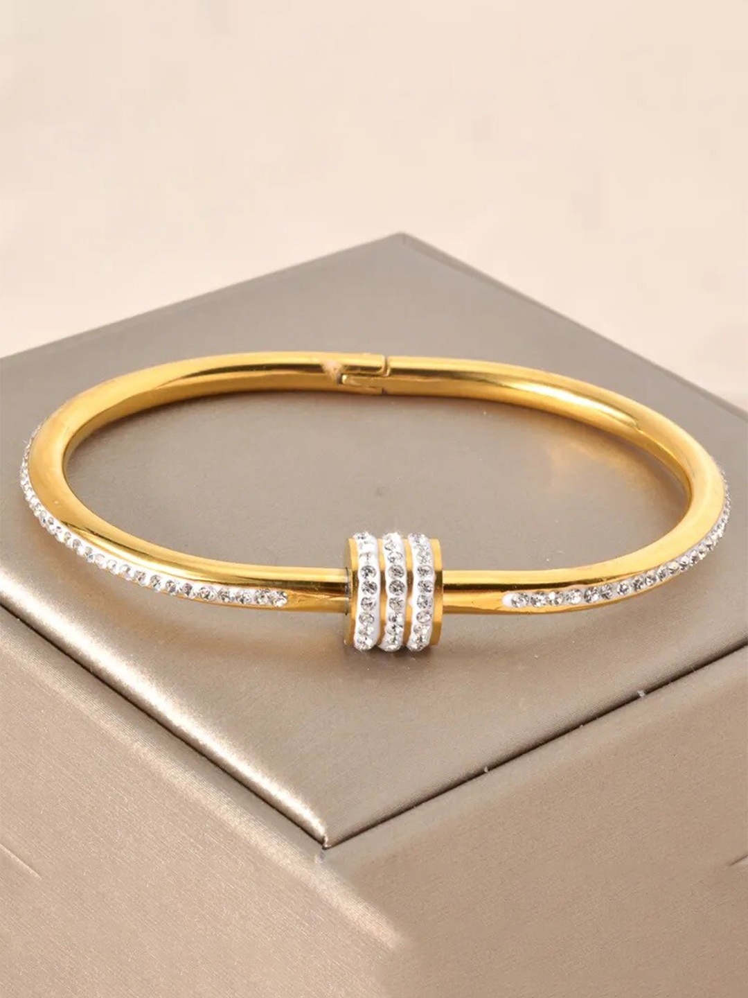 

MEENAZ Gold-Plated Stainless Steel American Diamond Studded Antique Bangle-Style Bracelet
