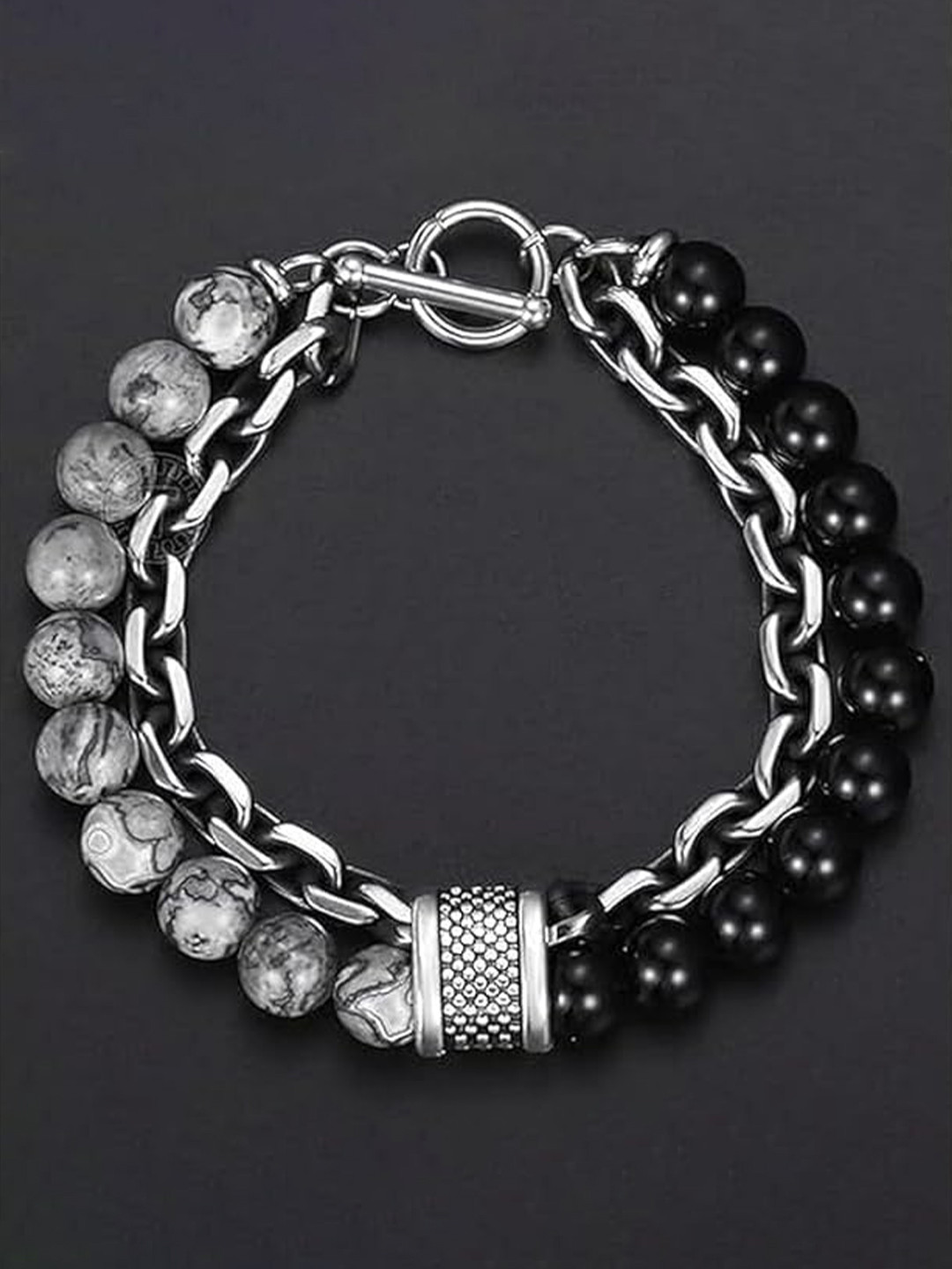 

MEENAZ Men Silver-Plated Stainless Steel Beaded Oxidised Multistrand Bracelet