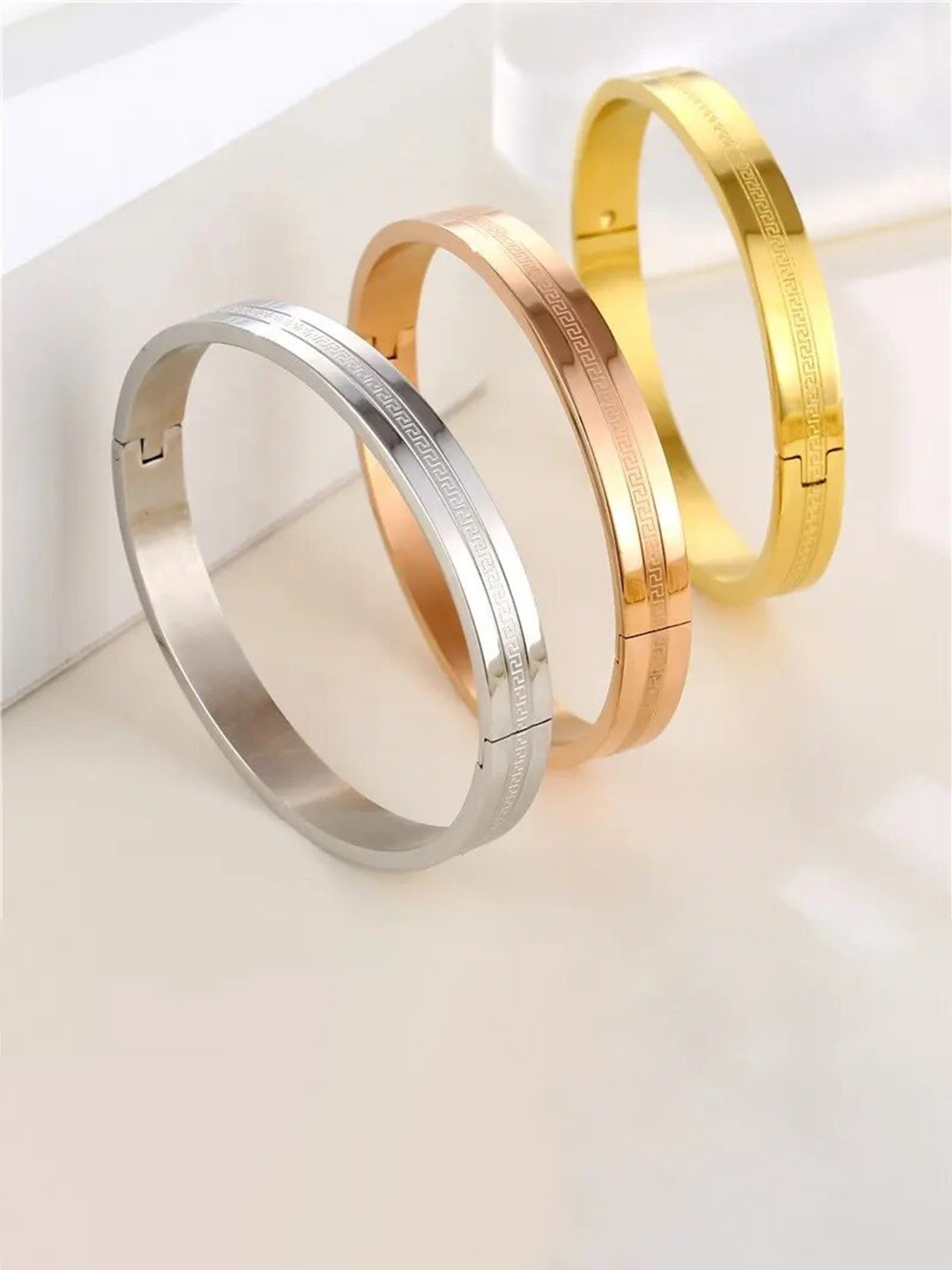 

MEENAZ Men Set of 3 Silver-Plated Stainless Steel Kada Bracelets