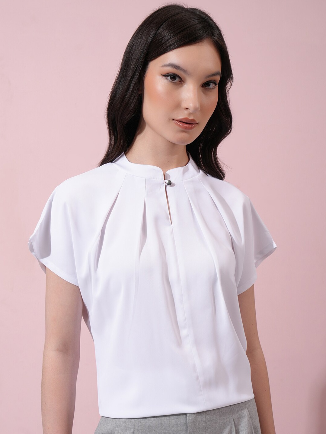 

Tokyo Talkies Mandarin Collar Extended Sleeves Pleated Regular Top, White