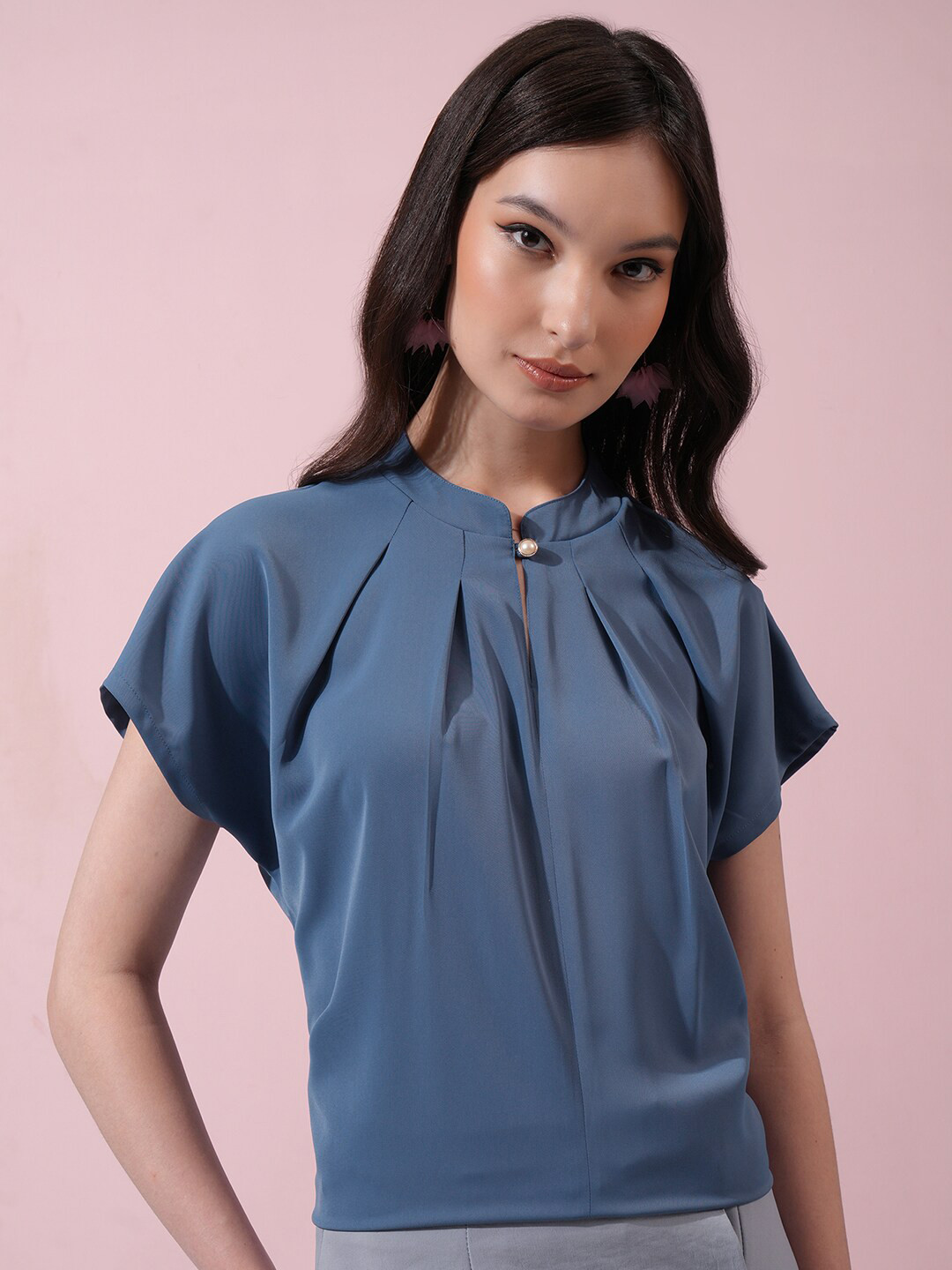 

Tokyo Talkies Mandarin Collar Extended Sleeves Pleated Regular Top, Blue