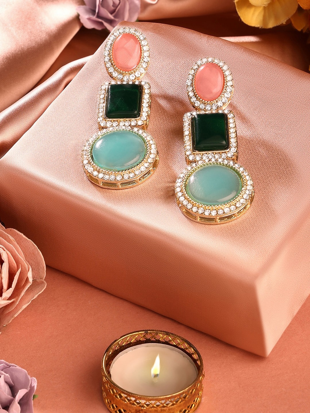 

AMI Gold-Plated Stone-Studded Geometric Drop Earrings