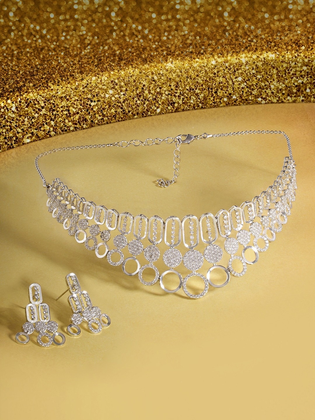 

AMI Silver-Plated Cubic Zirconia Studded Necklace With Earrings
