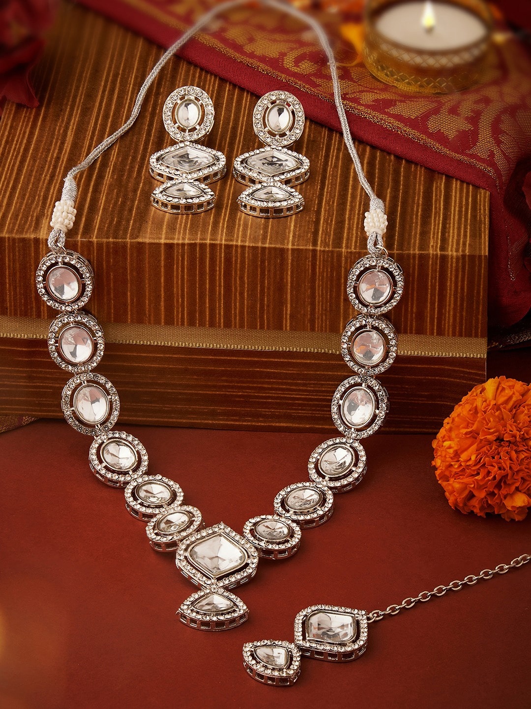 

AMI Sliver-Plated Stone-Studded Jewellery Set, Silver