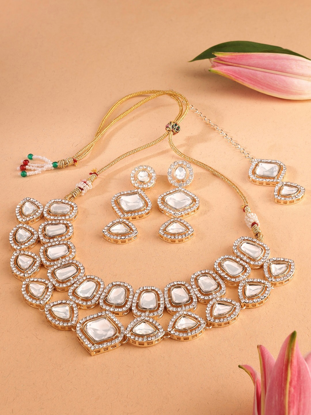 

AMI Gold-Plated Austrian Diamonds Studded Necklace With Earrings & Maang Tika