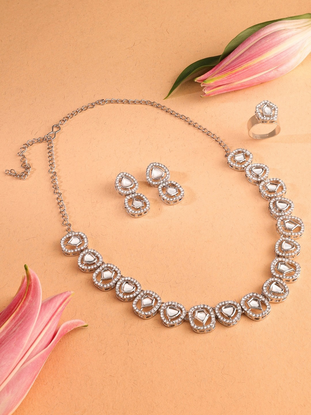 

AMI Silver-Plated Austrian Diamonds Studded Necklace With Earrings & Finger Ring