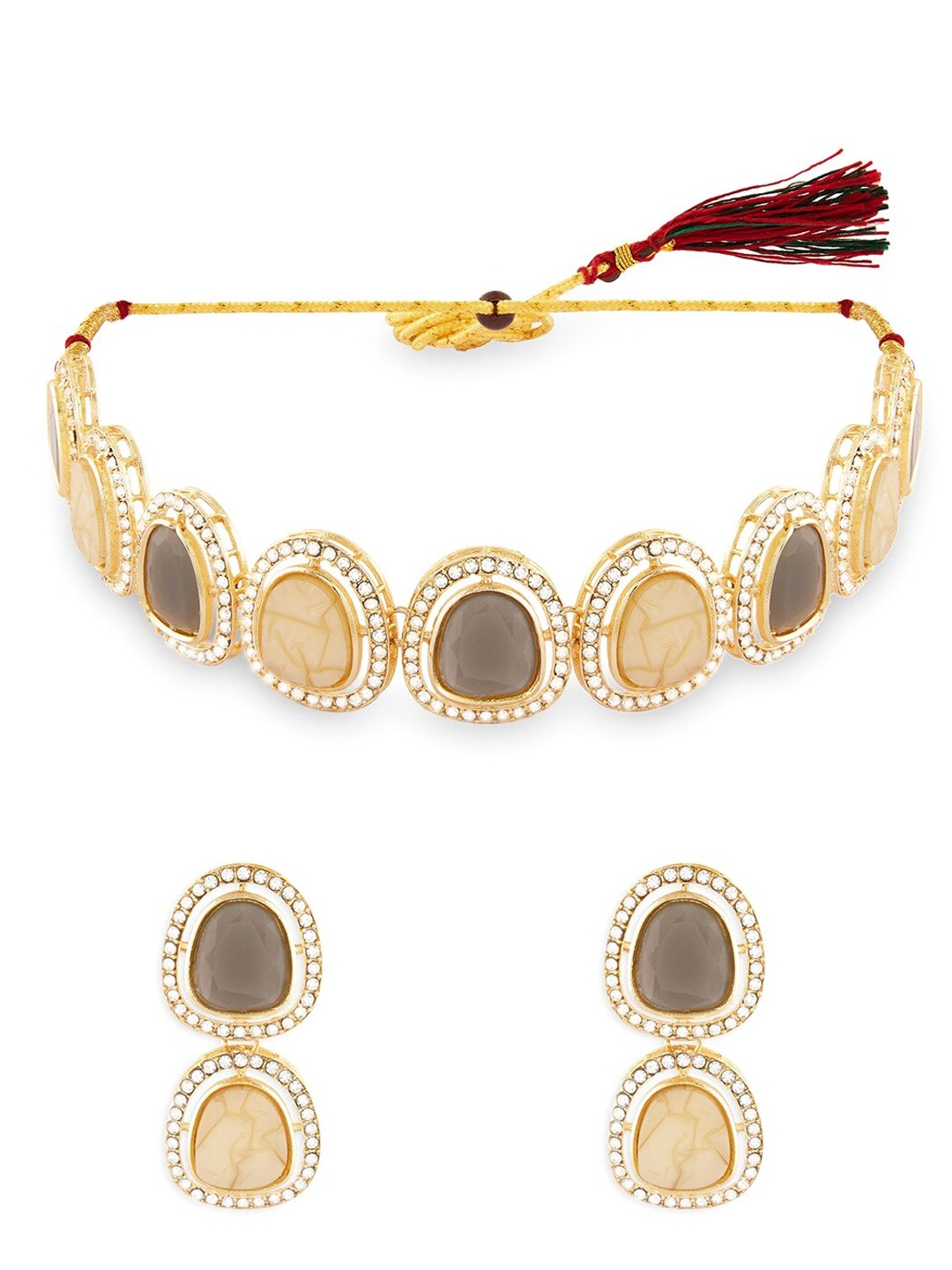 

AMI Gold-Plated Stone-Studded Pearl-Beaded Jewellery Set