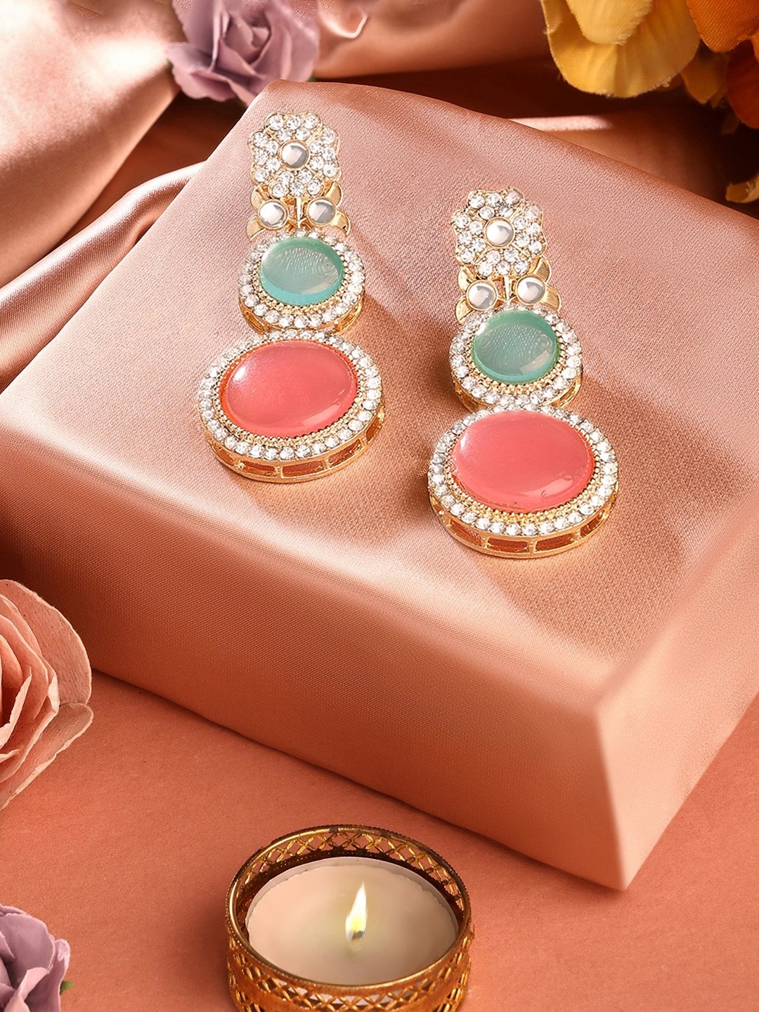 

AMI Gold-Plated Stone-Studded Contemporary Drop Earrings