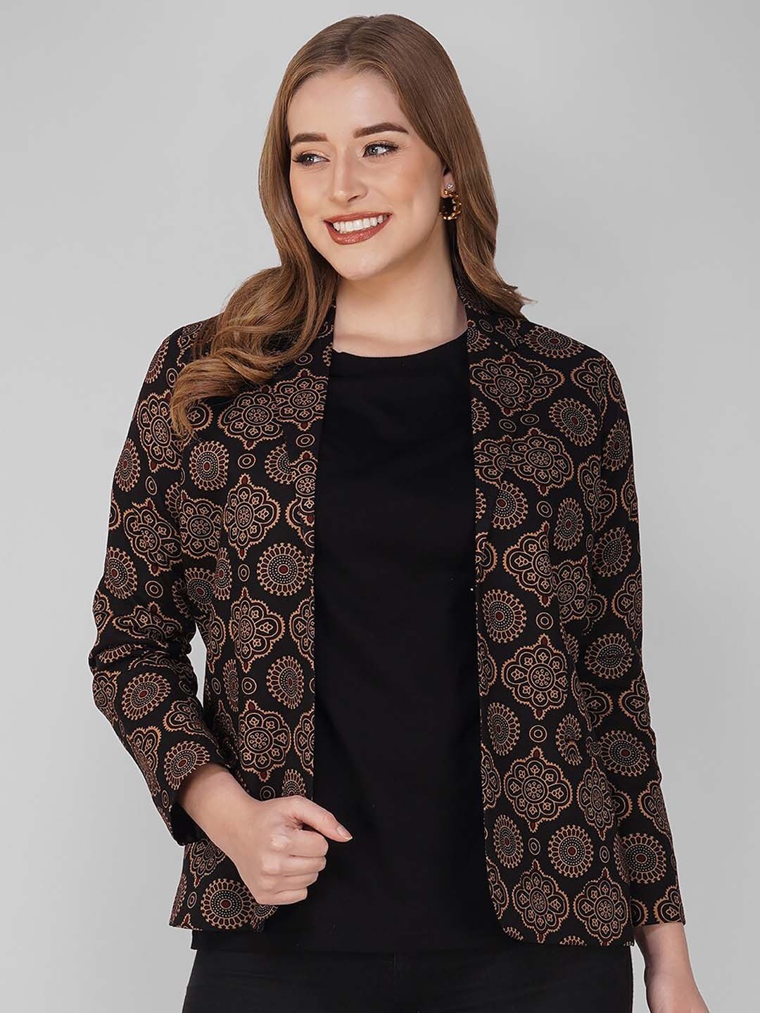 

KALINI Printed Single-Breasted Comfort-Fit Pure Cotton Blazers, Black