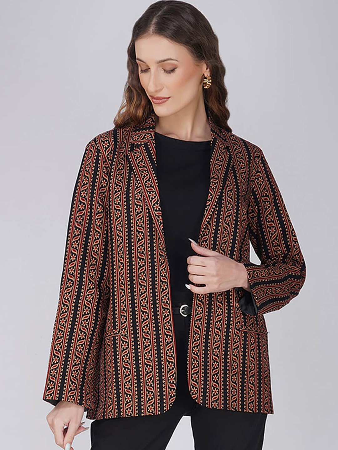 

KALINI Printed Pure Cotton Open Front Casual Blazer, Maroon