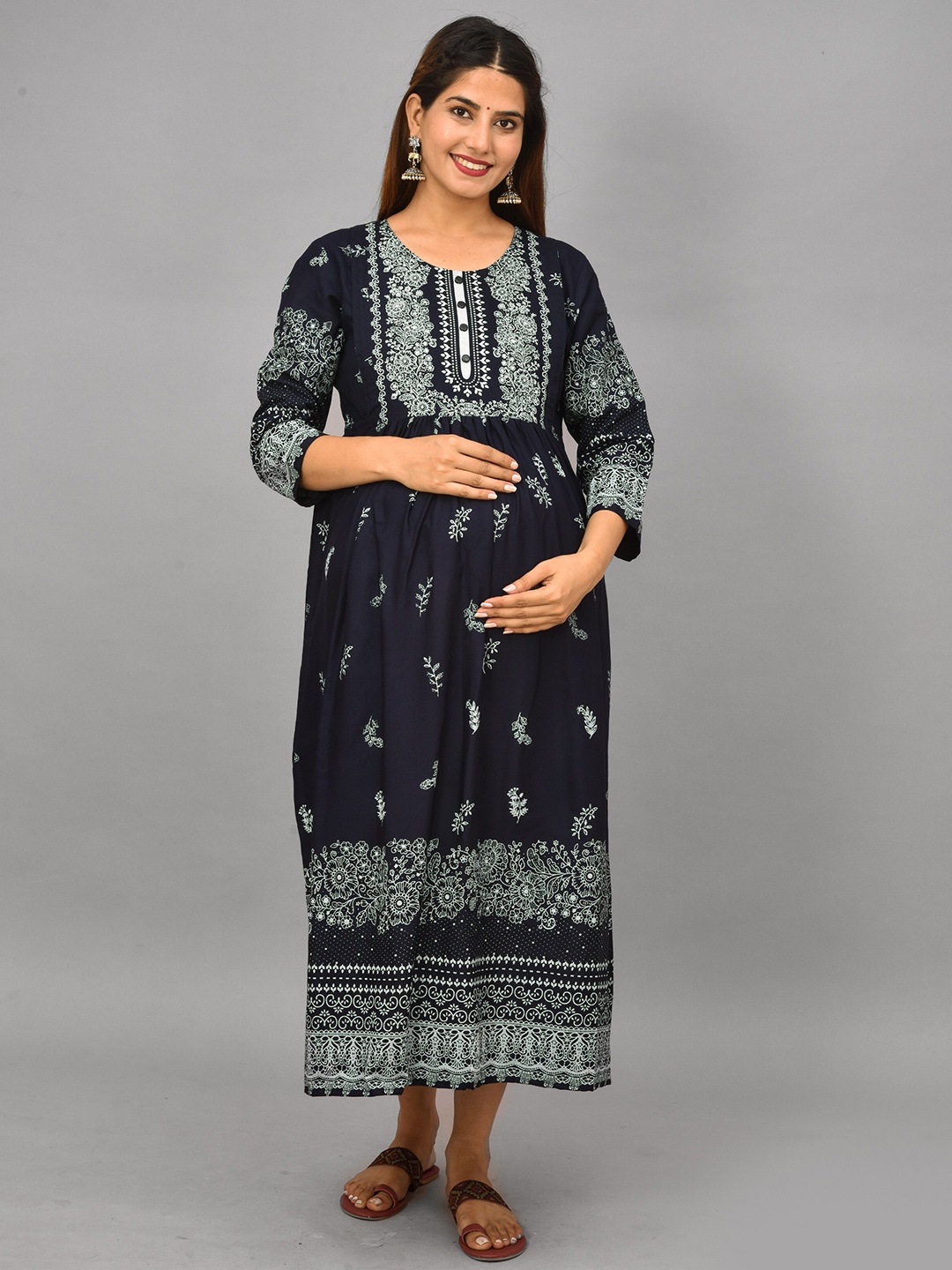 

Negen Ethnic Motifs Printed Maternity Feeding Maxi Ethnic Dress, Navy blue