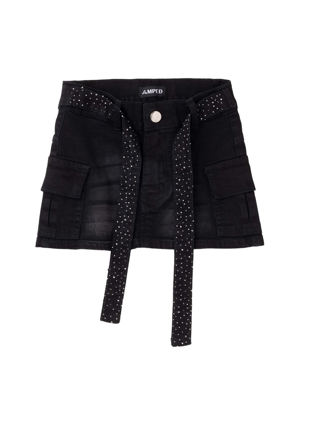 

AMPED Girls Embellished Mini Skirt With Pocket & Belt, Black