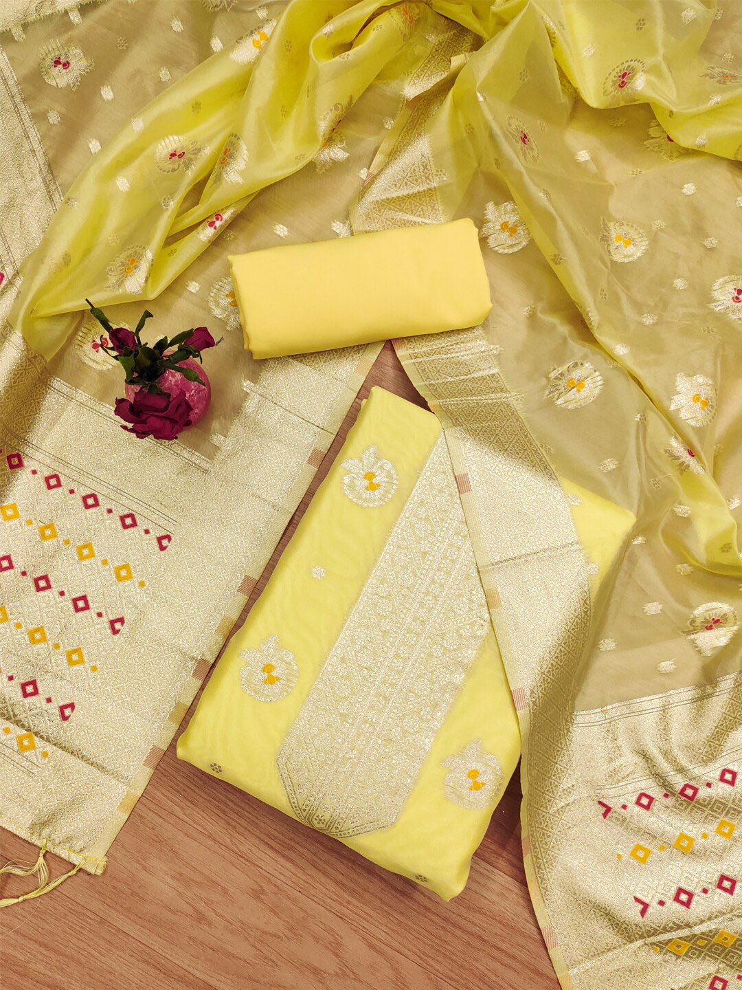 

KALINI Ethnic Motifs Woven Design Organza Unstitched Dress Material, Yellow