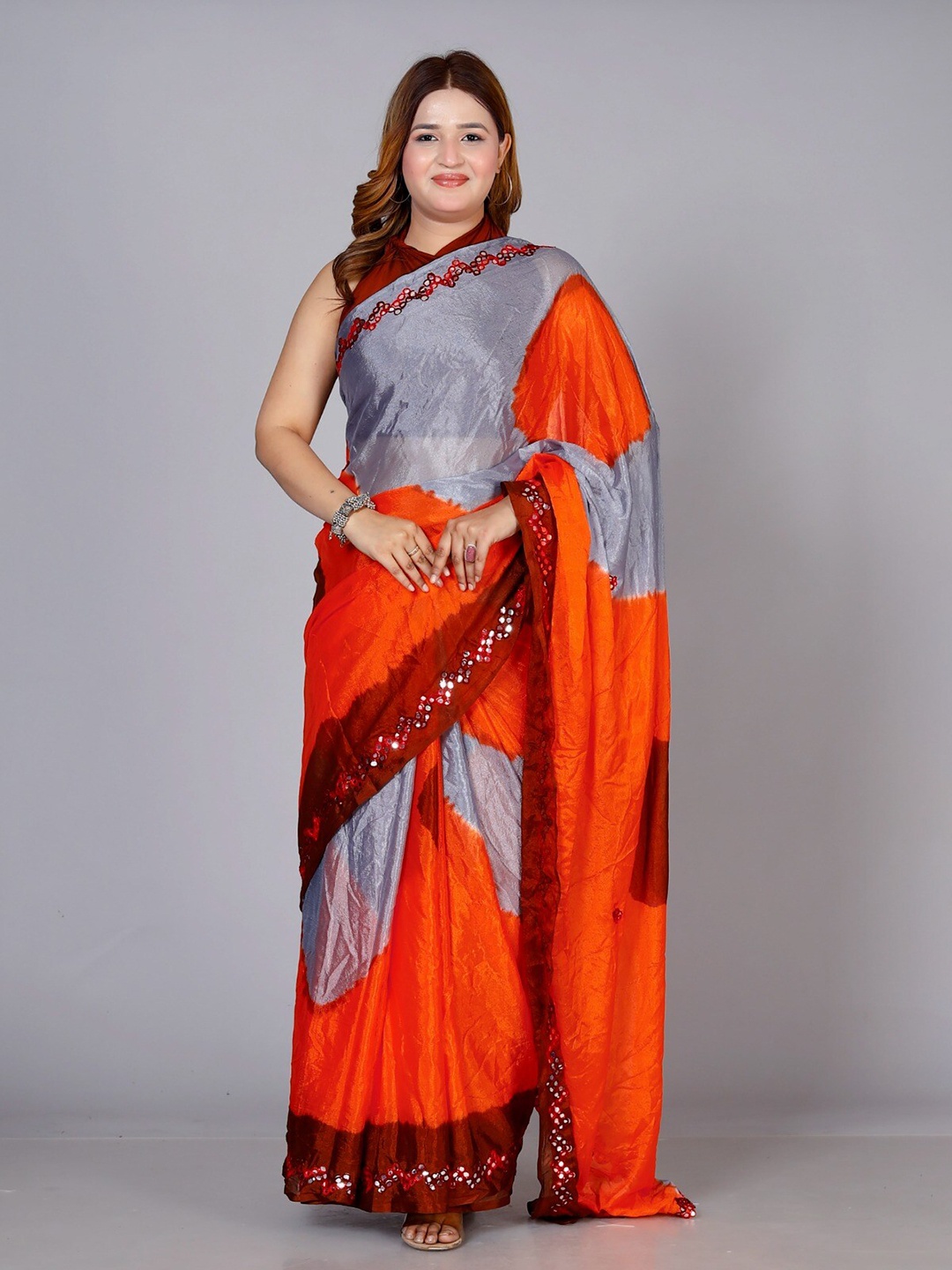 VL SAREES Mirror Work Block Print Saree, Orange