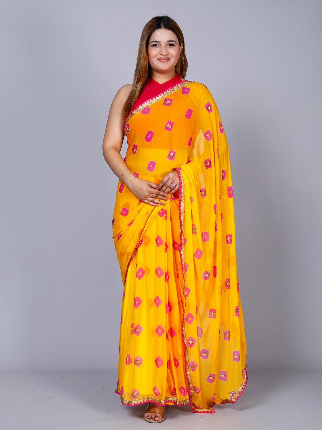 

VL SAREES Gotta Patti Pure Chiffon Bandhani Saree, Yellow