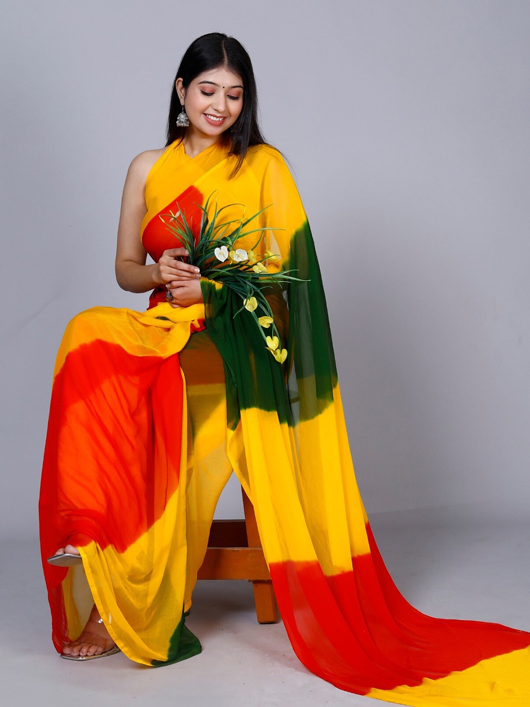 

VL SAREES Pure Chiffon Leheriya Saree, Yellow
