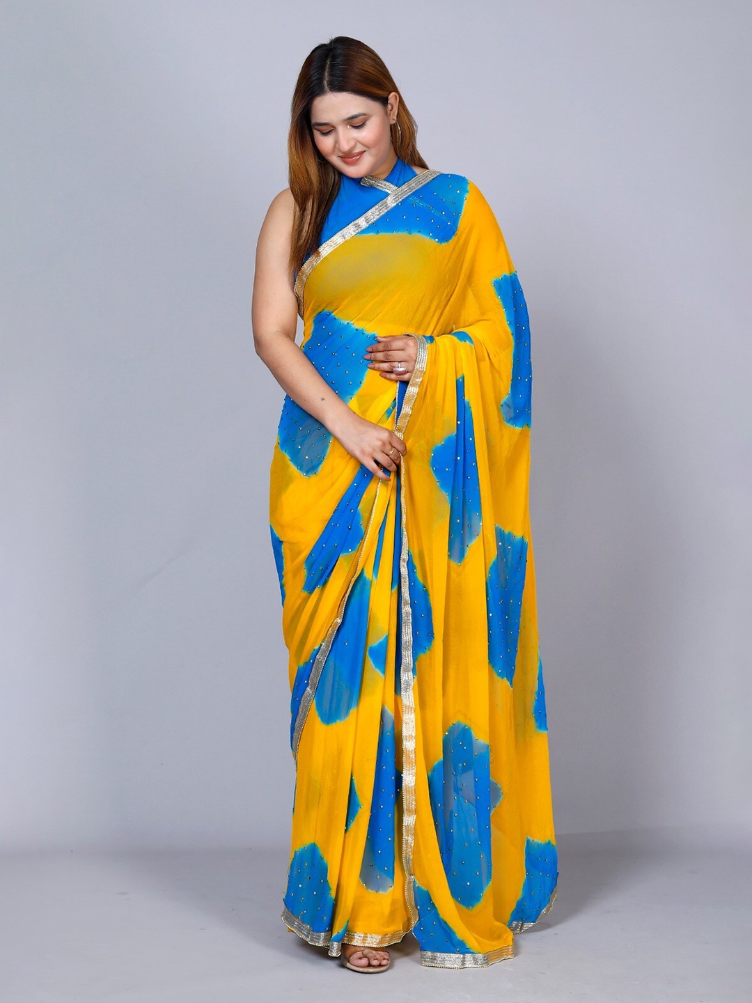 

VL SAREES Tie and Dye Beads and Stones Pure Chiffon Leheriya Saree, Yellow
