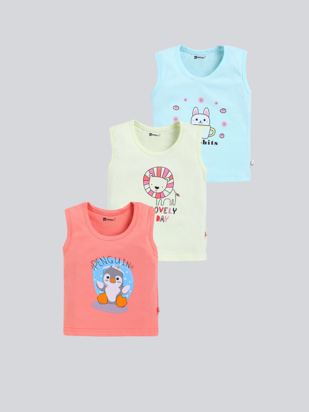 

MooNKids Pack of 3 Cotton printed round neckline and sleeveless Vests, Blue