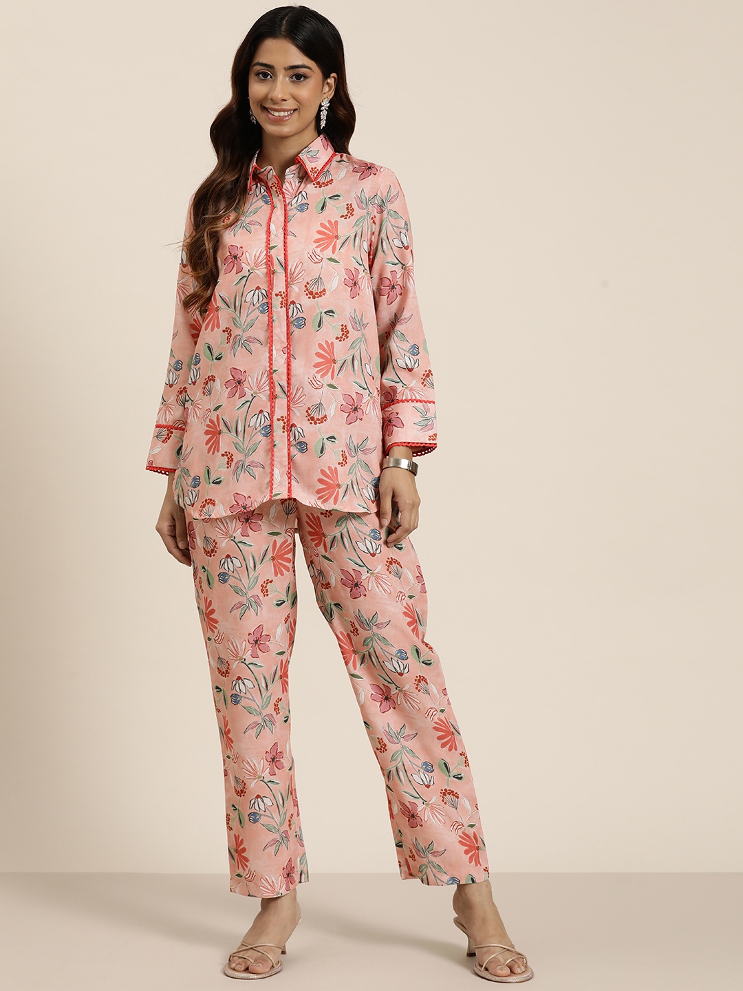 

HERE&NOW Floral Printed Shirt with Trousers, Peach