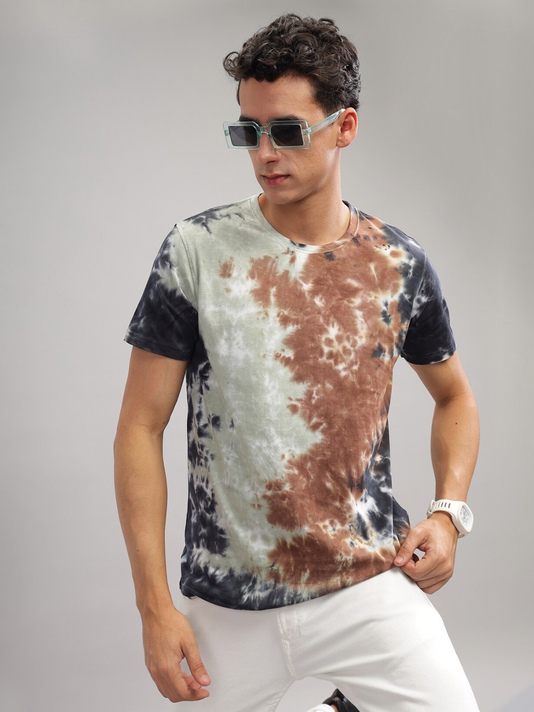 

ADRO Tie & Dye Printed Round Neck Short Sleeves Regular Fit Cotton T-shirt, Brown