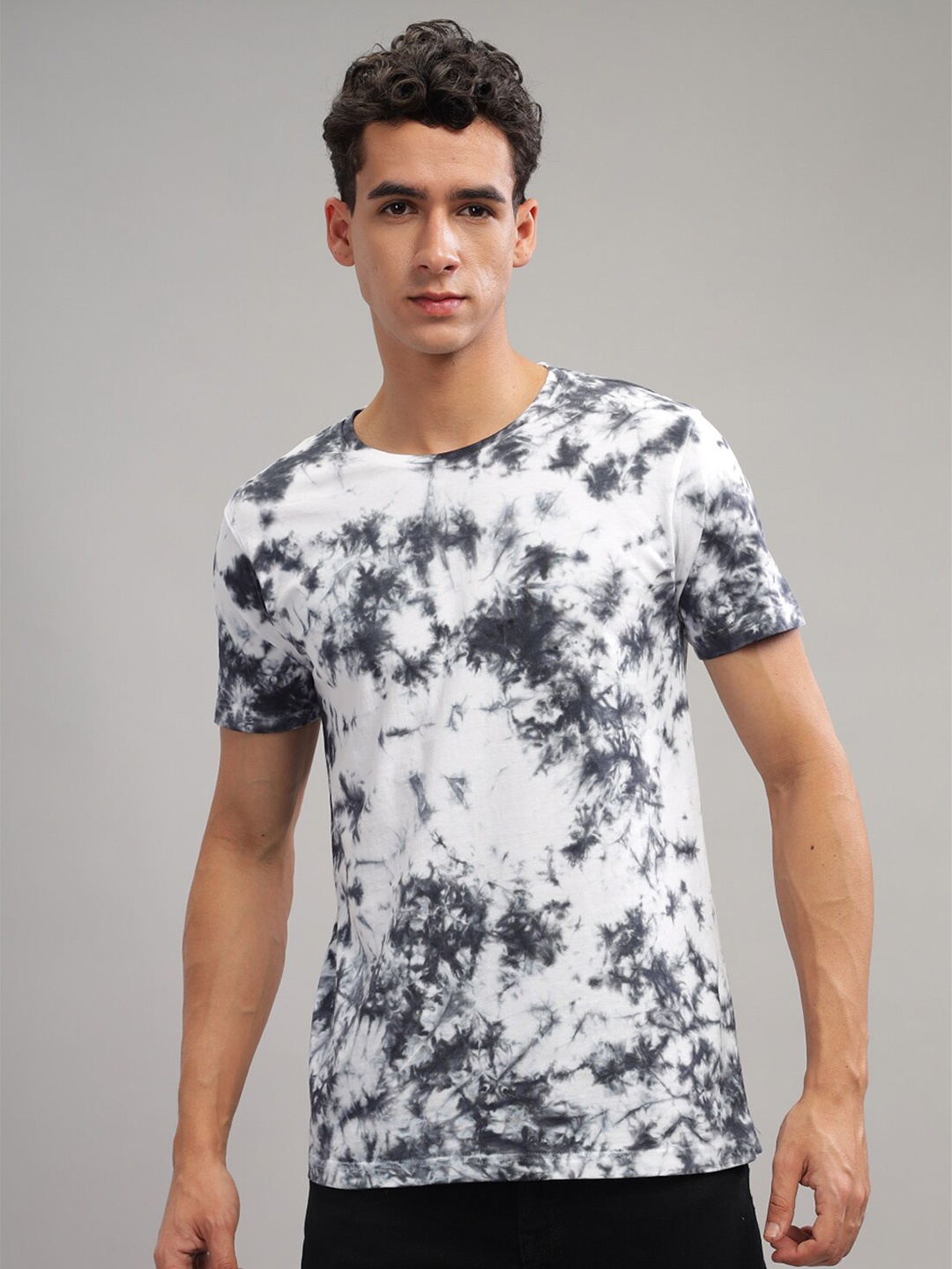 

ADRO Tie & Dye Printed Round Neck Short Sleeves Regular Fit Cotton T-shirt, White