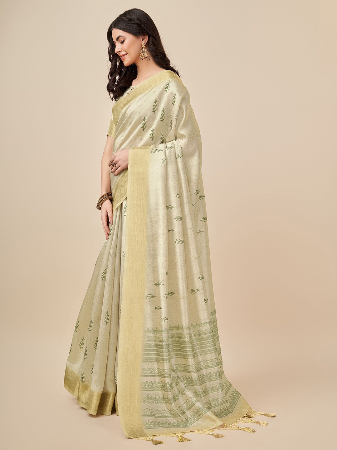 

Ishin Floral Printed Woven Design Zari Saree, Beige
