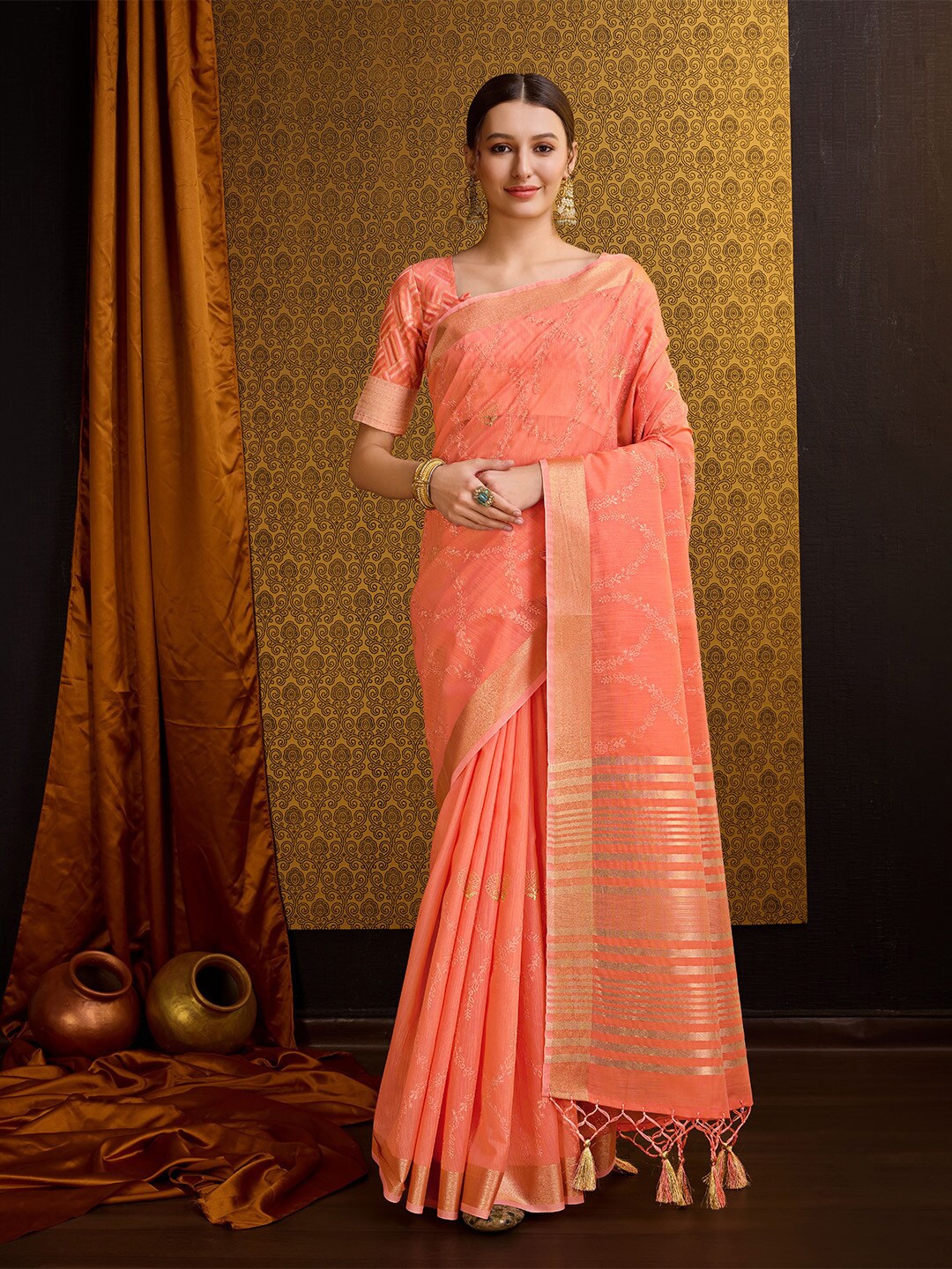

Ishin Floral Embroidered Zari Saree, Orange