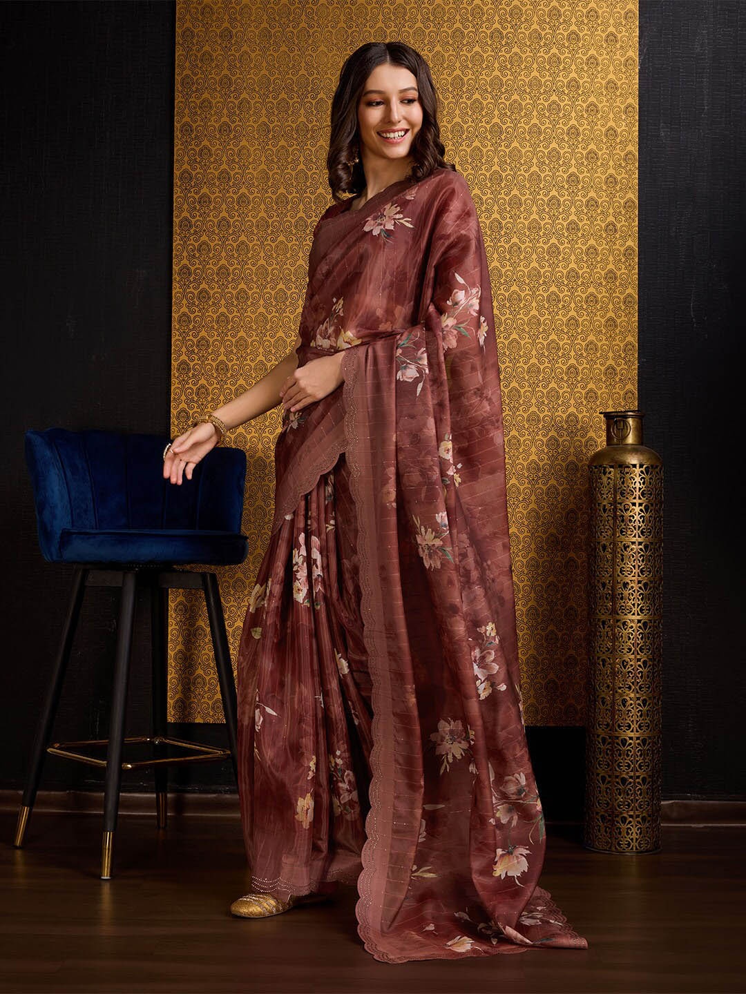 

Ishin Rust Floral Printed Beads & Stones Organza Saree