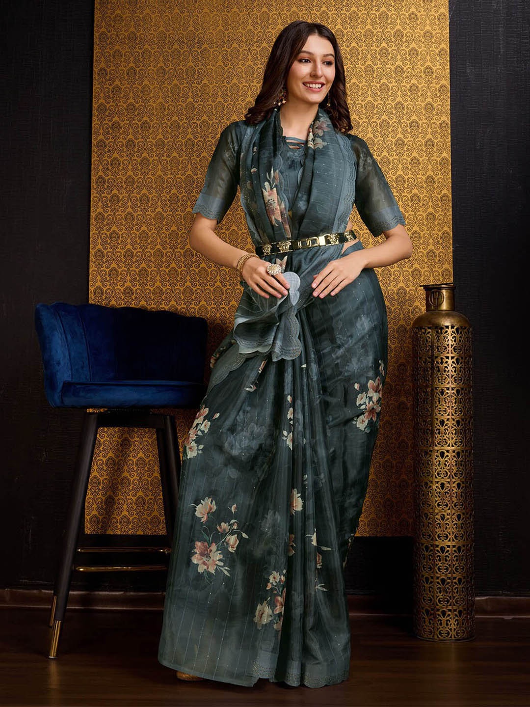 

Ishin Green Floral Printed Beads & Stones Organza Saree