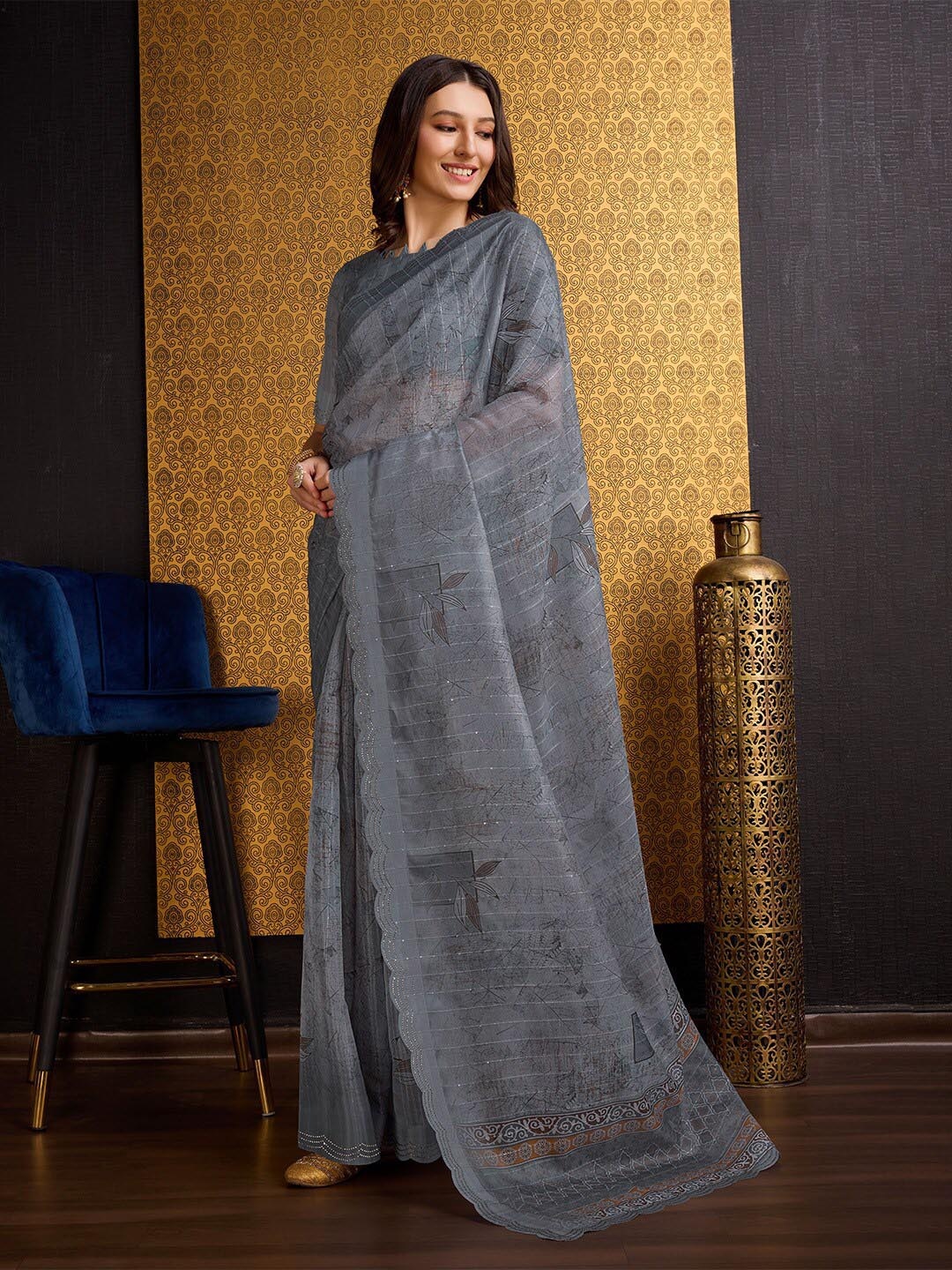 

Ishin Grey Floral Printed Beads & Stones Organza Saree