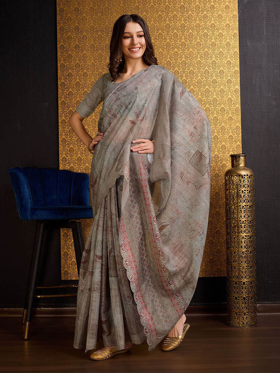 

Ishin Grey Floral Printed Beads & Stones Organza Saree
