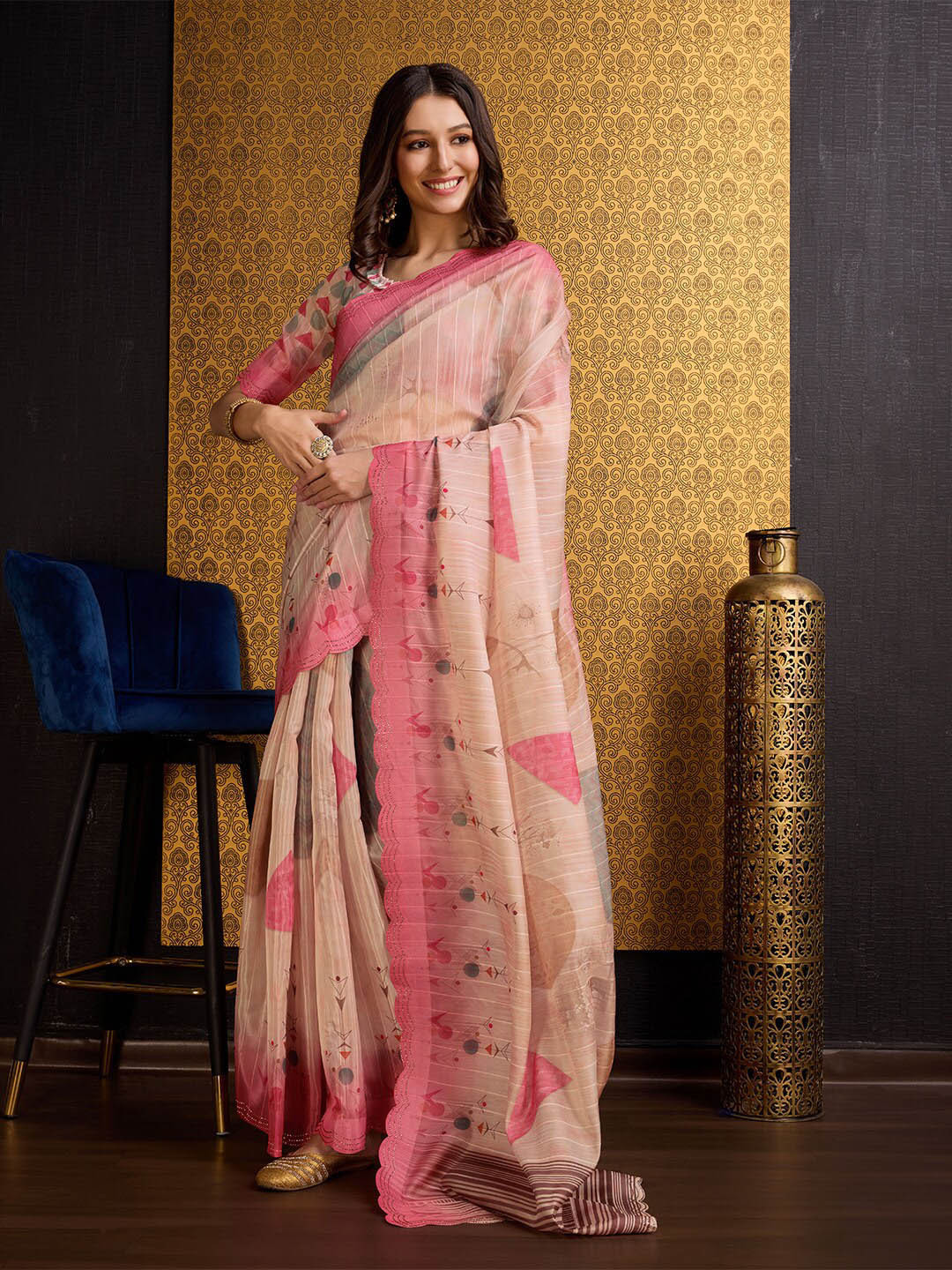 

Ishin Peach Floral Printed Beads & Stones Organza Saree
