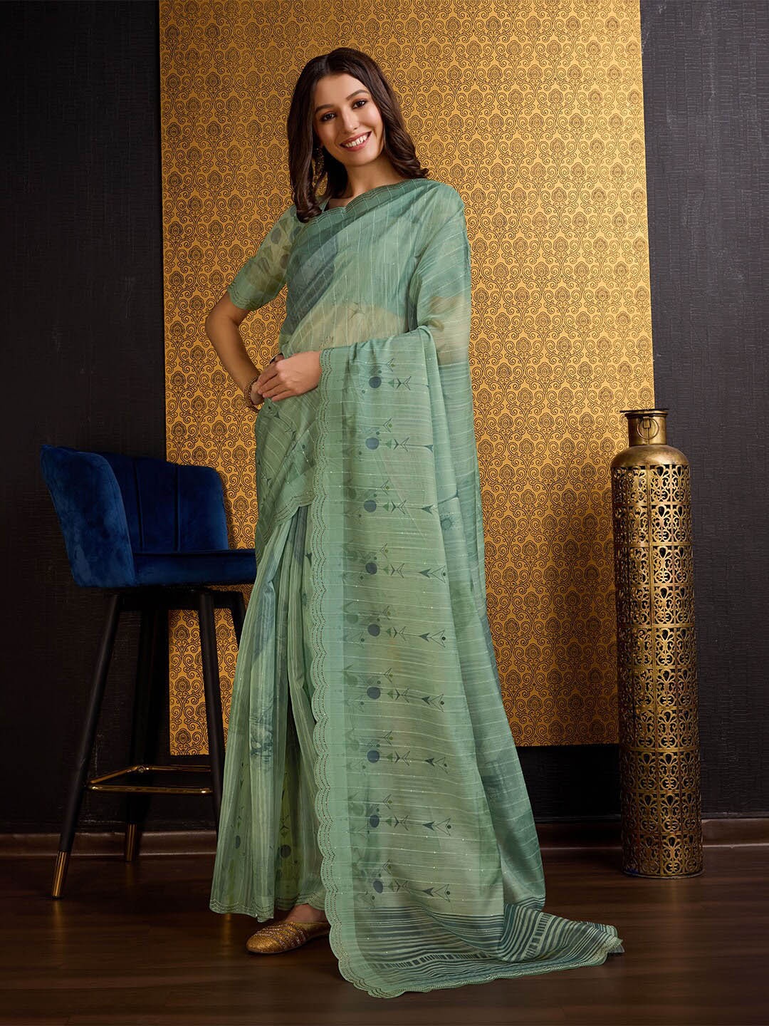 

Ishin Sea Green Floral Printed Beads & Stones Organza Saree