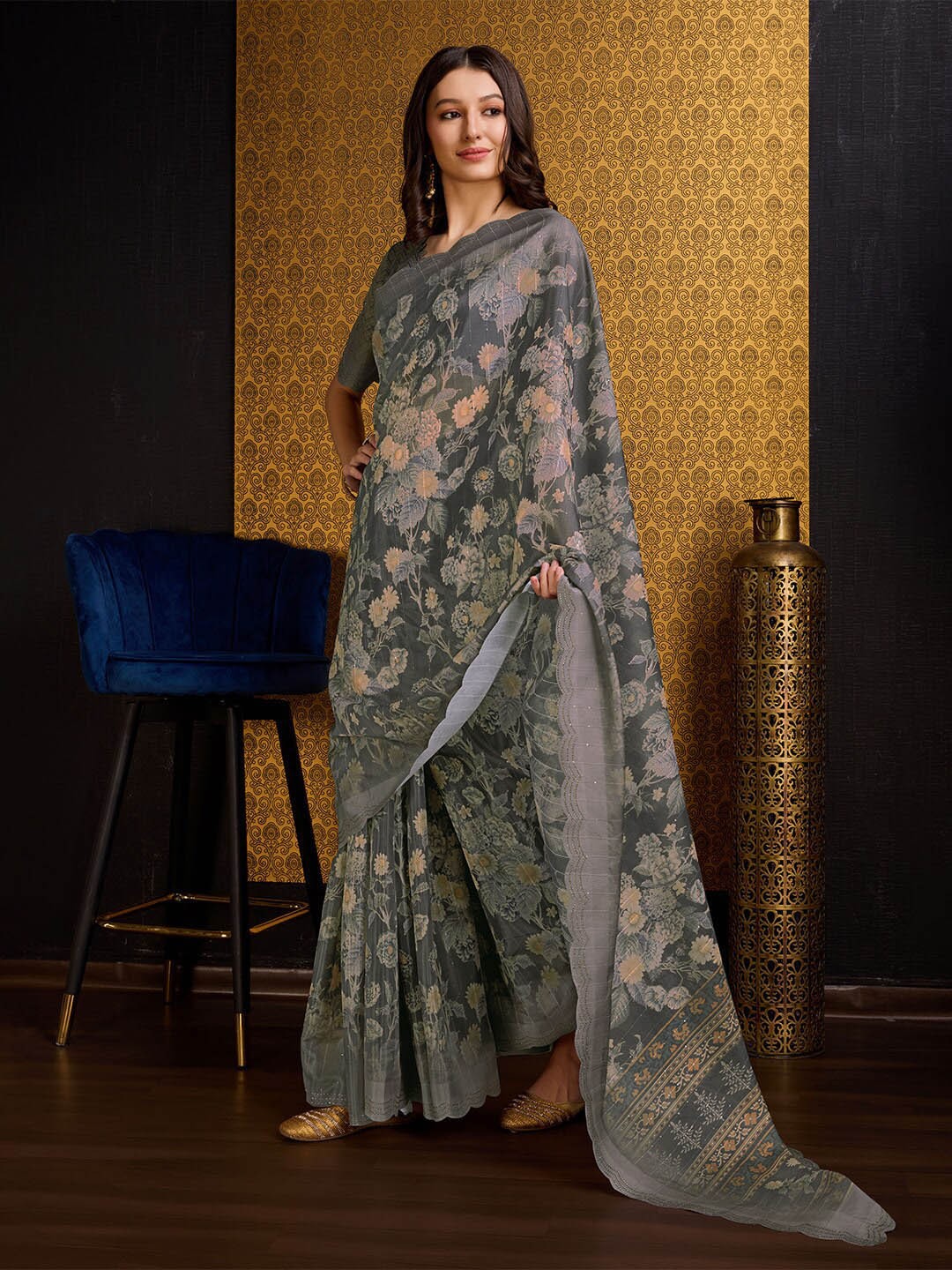 

Ishin Green Floral Printed Beads & Stones Organza Saree