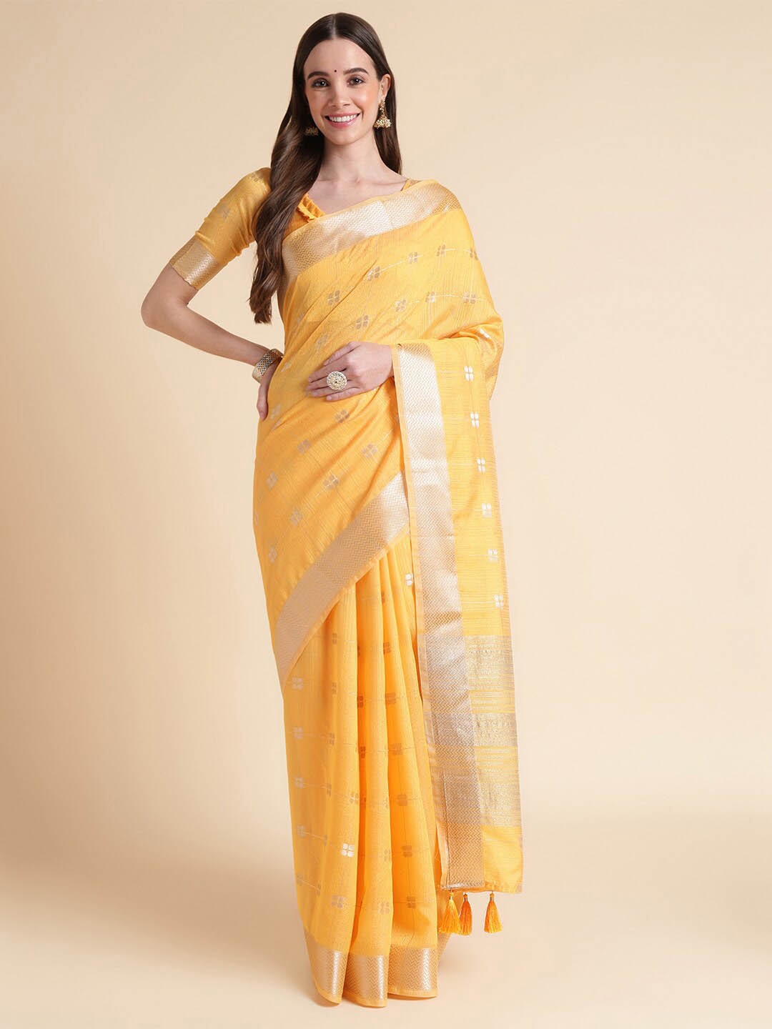 

Ishin Yellow Ethnic Motifs Woven Design Zari Organza Saree