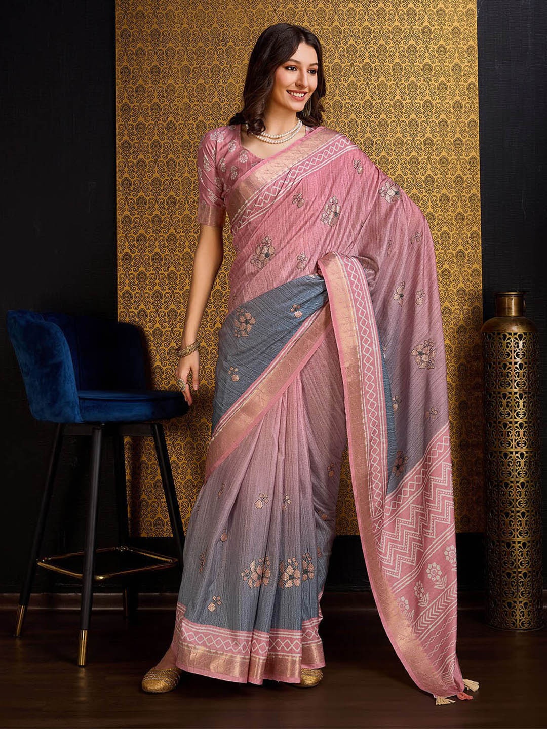 

Ishin Pink Floral Printed Zari Saree