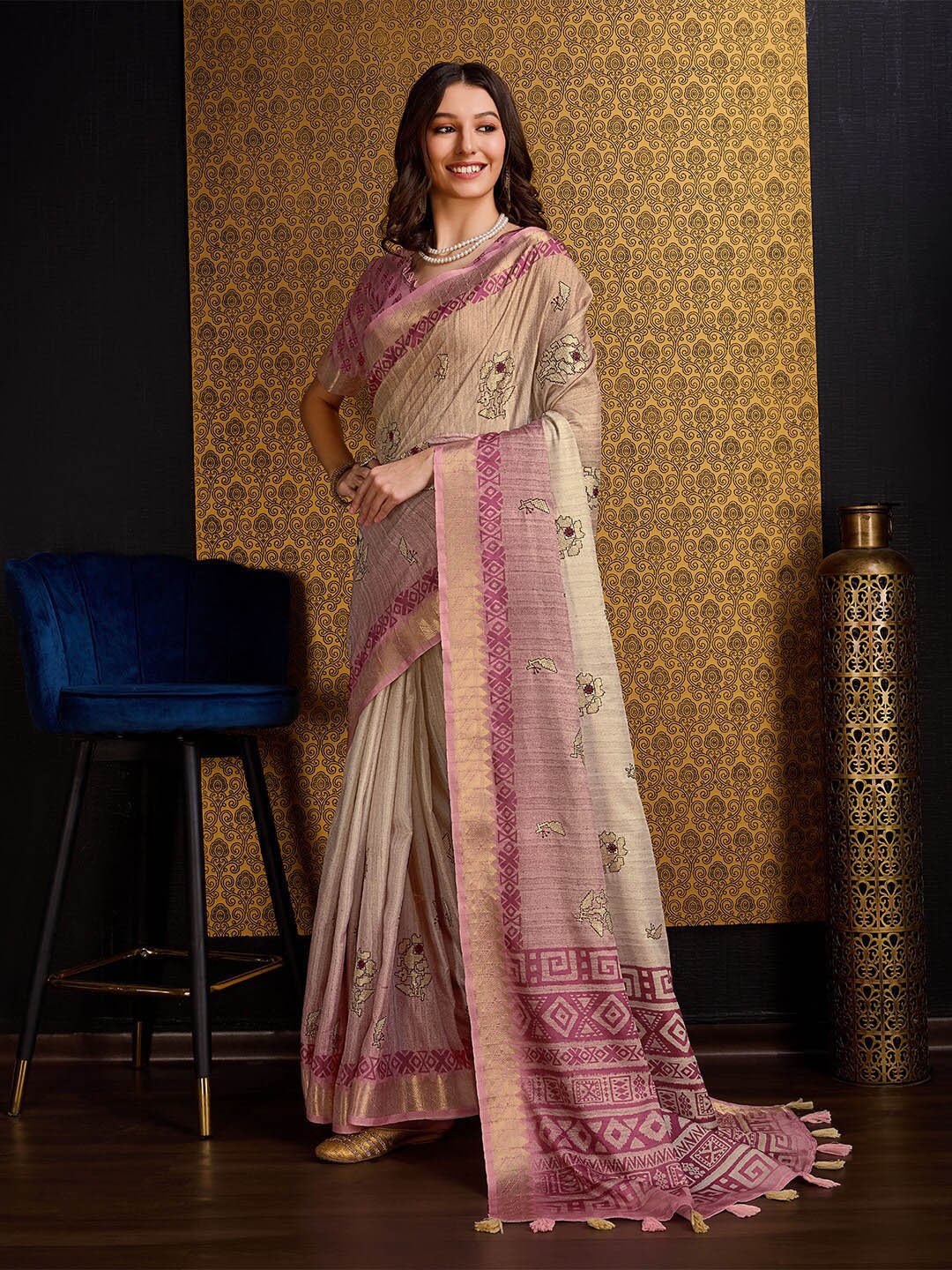 

Ishin Beige Ethnic Motifs Printed Zari Saree