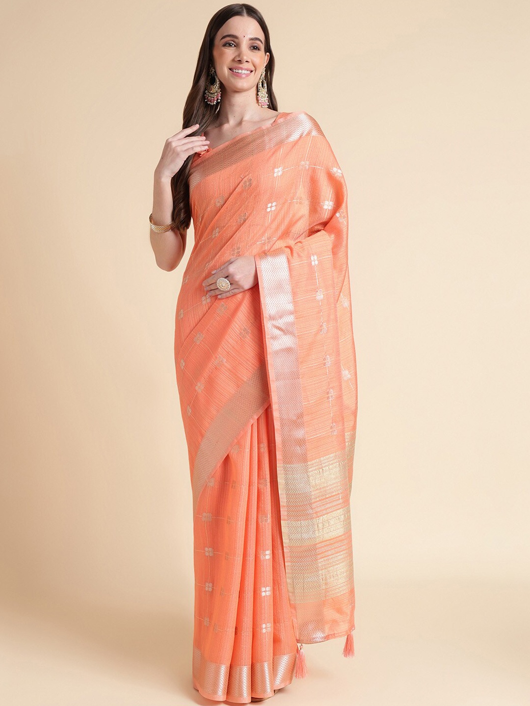 

Ishin Yellow Ethnic Motifs Woven Design Zari Organza Saree, Orange